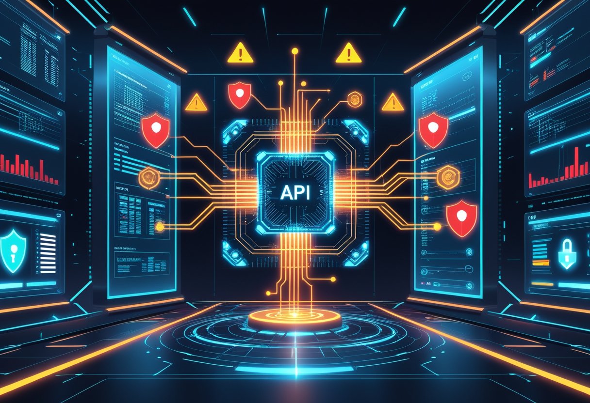 고위험 API 설계와 관련된 속도, 보안, 검증되지 않은 연결을 나타내는 디지털 제어 센터와 데이터 흐름 그림