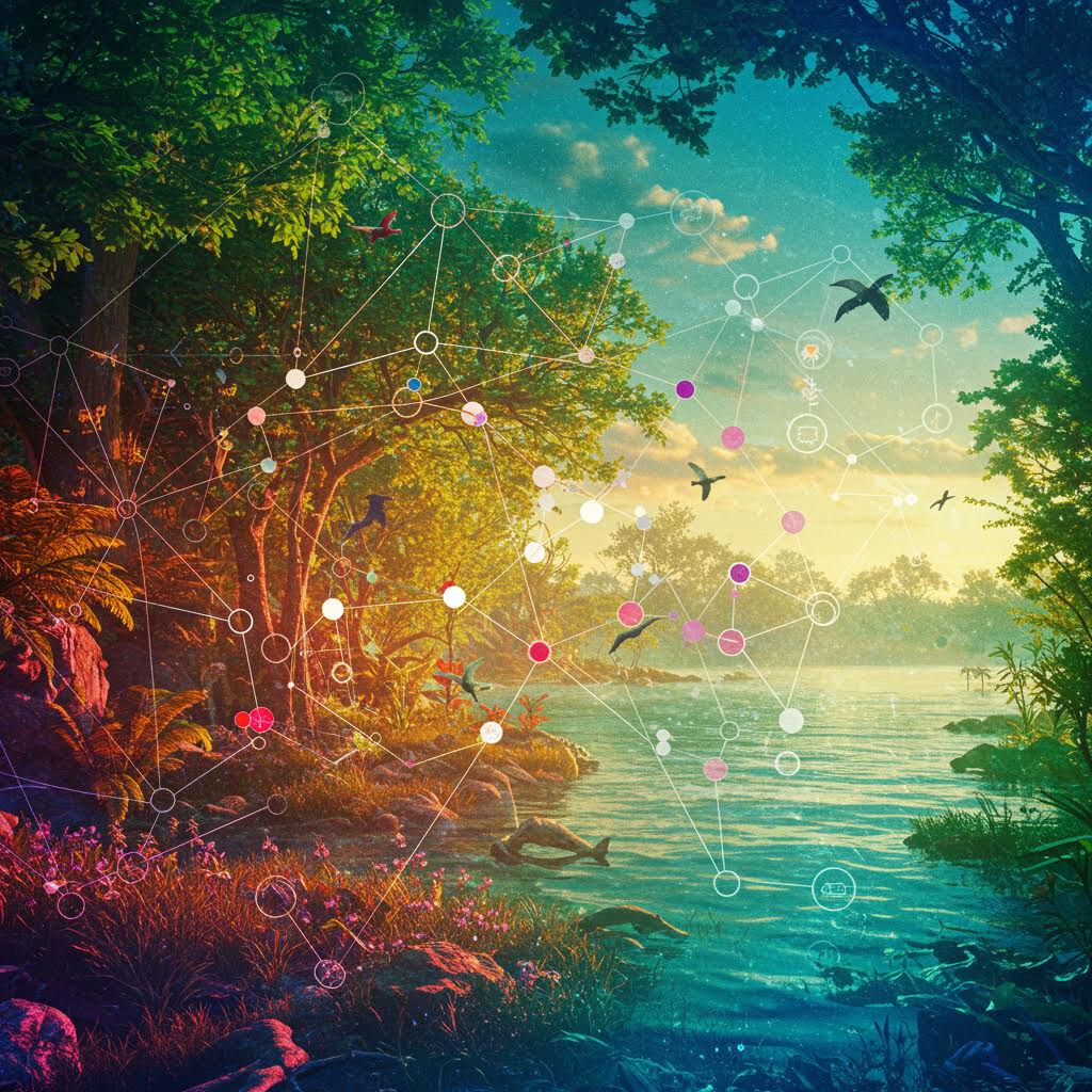 새들이 날아다니고 연결된 노드와 아이콘이 오버레이된 생태계 네트워크를 나타내는 고요한 호숫가 풍경