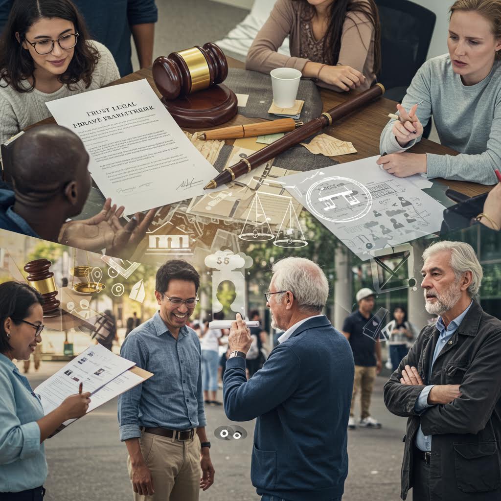 법률 문서와 판사 망치 주위에 모여 있는 사람들과 법률 및 블록체인 아이콘이 오버레이된 법적 협의 및 합의 장면
