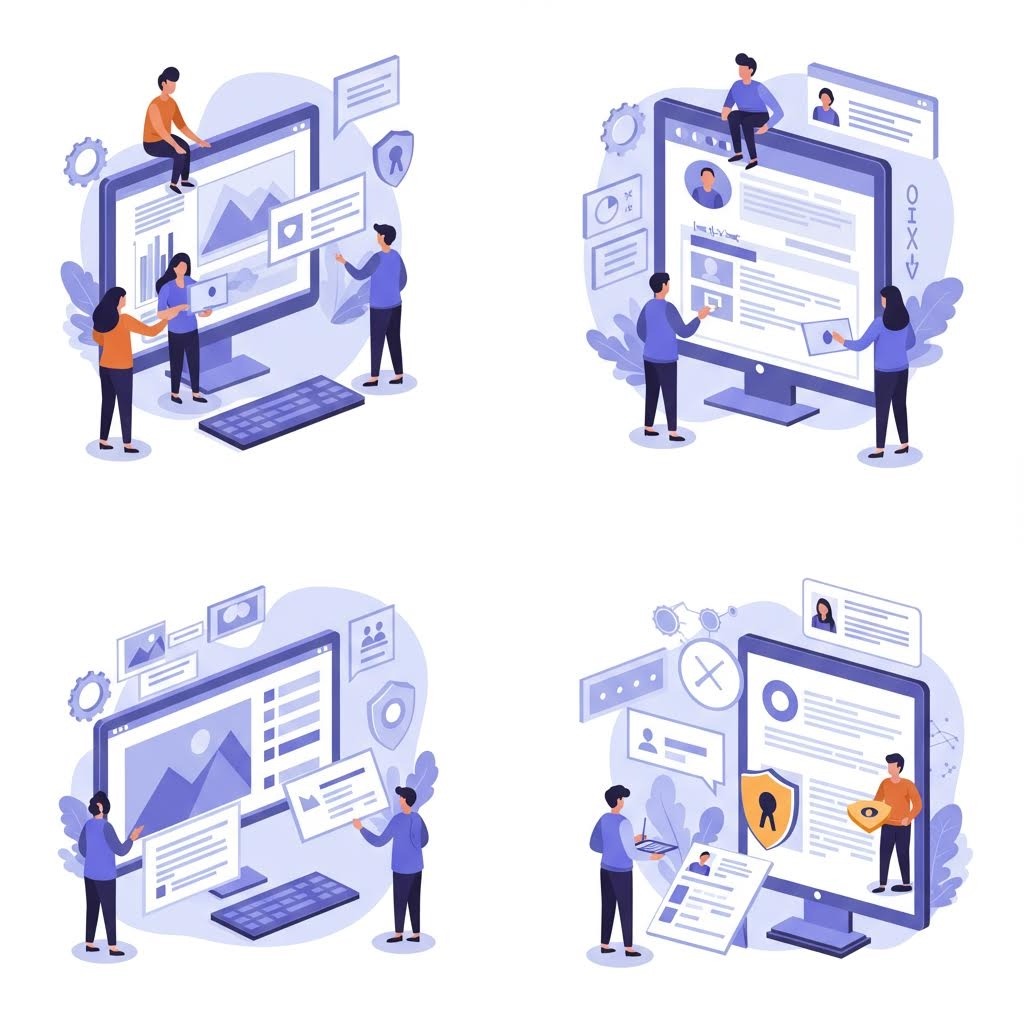 온카스터디 사용자 인증 프로세스: 모니터 위에서 데이터 입력, 프로필 확인, 보안 검증을 단계별로 진행.