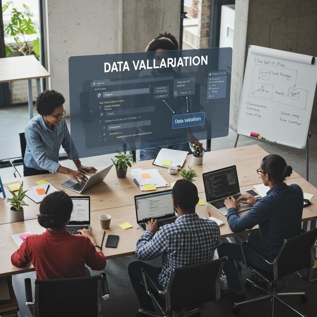 온카스터디 데이터 검증 회의: 팀원들이 노트북과 홀로그램 인터페이스로 실시간 밸리데이션 수행.