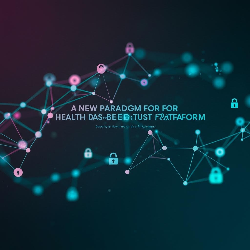 어두운 우주 배경에 청록색 노드와 자물쇠 아이콘으로 연결된 네트워크, 'A NEW PARADIGM FOR HEALTH DAS·BEED·TRUST PLATFORM' 문구가 떠 있는 추상 이미지.