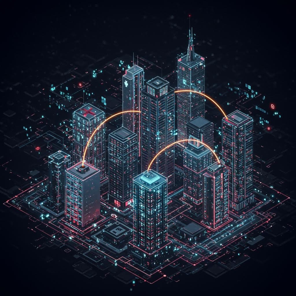 온카스터디 스마트 시티 네트워크: 고층 빌딩들 사이 빛의 연결선으로 데이터 교환되는 미래 도시.