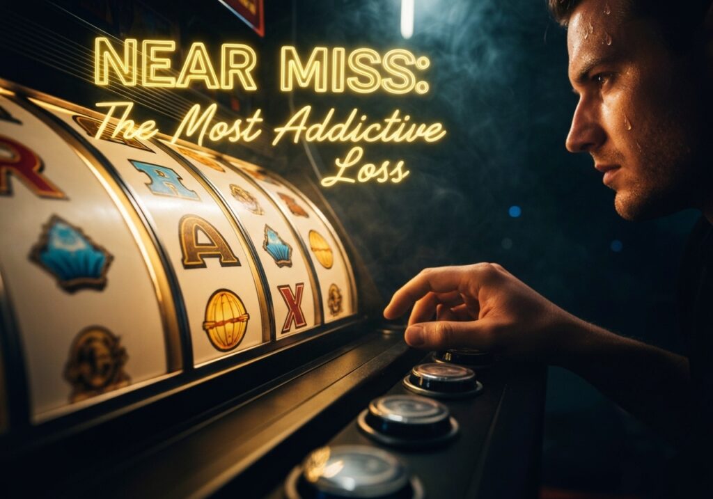 슬롯머신을 응시하며 레버를 누르려는 남성, Near Miss: The Most Addictive Loss라는 네온 텍스트와 함께 중독성 가장 강한 근접 패배를 강조한 어두운 분위기 사진