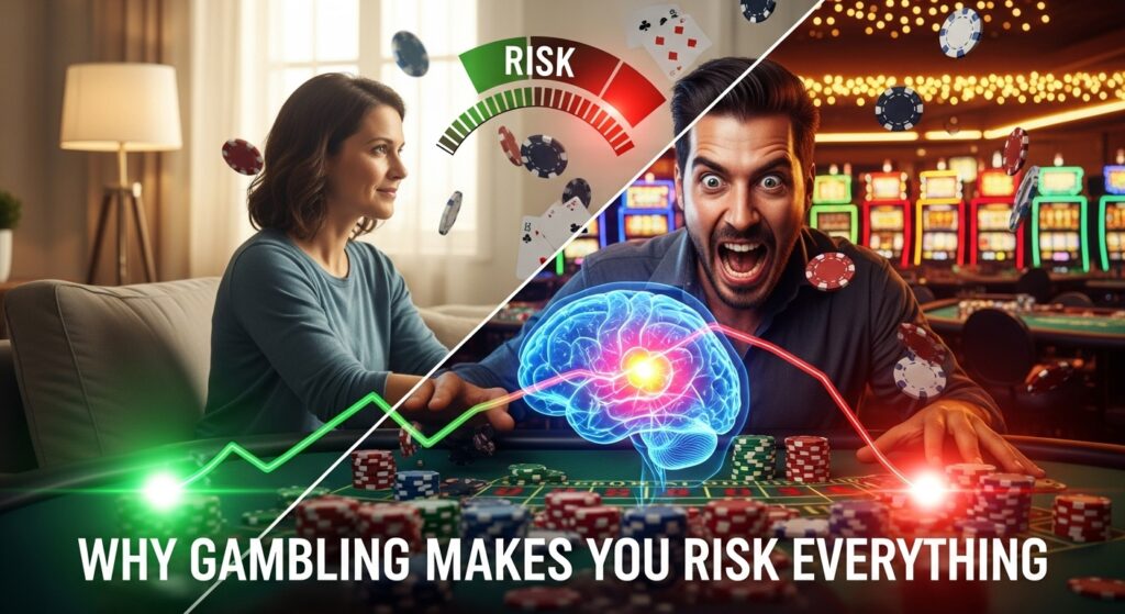 왼쪽은 차분하게 집에서 포커 치는 여성(초록 상승 그래프), 오른쪽은 카지노에서 위험 게이지 MAX인 남성(빨간 하락 그래프와 불타는 뇌), 도박이 모든 것을 걸게 만드는 심리 설명 이미지 – WHY GAMBLING MAKES YOU RISK EVERYTHING