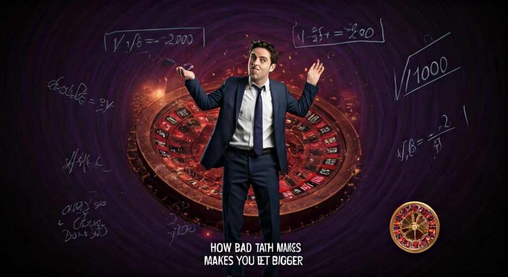룰렛 앞에 서 있는 남성과 수학 공식들로 둘러싸인 배경, 나쁜 수학(Bad Math)이 베팅을 점점 더 크게 만들게 하는 심리 현상 이미지, HOW BAD MATH MAKES YOU BET BIGGER
