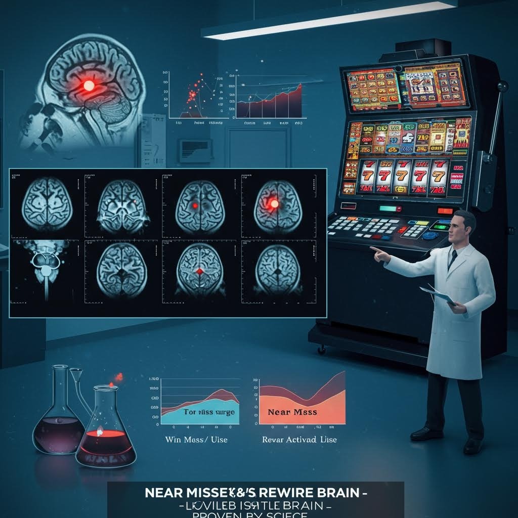 과학 연구실에서 슬롯머신과 뇌 스캔 사진을 보여주는 의사가 Near Miss가 뇌를 어떻게 재배선하는지 설명하는 장면, Near Misses Rewire Brain – Proven by Science